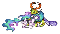 Size: 1024x590 | Tagged: dead source, safe, artist:marbola, princess celestia, thorax, alicorn, changedling, changeling, pony, g4, crack shipping, cuddling, ethereal mane, eyes closed, female, hug, king thorax, lying down, male, mare, shipping, simple background, smiling, starry mane, straight, thoralestia, transparent background