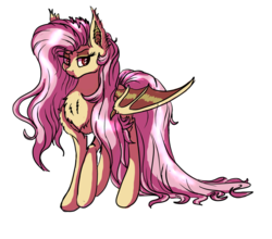 Size: 964x850 | Tagged: dead source, safe, artist:marbola, fluttershy, bat pony, pony, g4, chest fluff, ear fluff, female, flutterbat, lidded eyes, long hair, long tail, looking sideways, mare, one wing out, race swap, raised hoof, simple background, solo, transparent background