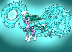 Size: 2050x1500 | Tagged: safe, artist:marbola, mistmane, dragon, pony, unicorn, g4, bow, clothes, cutie mark, duo, female, flowing mane, glowing horn, gradient background, horn, lidded eyes, looking at you, magic, mare