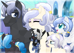 Size: 1024x729 | Tagged: safe, artist:tambelon, oc, oc only, oc:ebony glaze, oc:ivory sheen, oc:lapis lazuli, oc:obsidian, oc:opalescent pearl, oc:somber night, crystal pony, hybrid, pony, unicorn, brother and sister, colt, daughter, female, filly, male, mare, mother, mother and daughter, mother and son, mother's day, next generation, offspring, onesie, papoose, parent:king sombra, parent:oc:opalescent pearl, parent:oc:prince topaz, parents:canon x oc, parents:oc x oc, parents:topalescent, siblings, son, stallion, topalescent