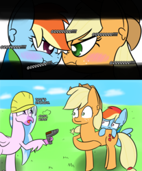 Size: 2273x2740 | Tagged: safe, artist:artiks, applejack, rainbow dash, silverstream, classical hippogriff, hippogriff, pony, g4, non-compete clause, boop, dialogue, female, gun, high res, lesbian, noseboop, scrunchy face, ship:appledash, shipping, weapon