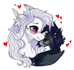 Size: 1164x1106 | Tagged: safe, artist:skimea, oc, oc only, oc:kama, pegasus, pony, bust, female, heart, mare, mother and daughter, nuzzling, simple background, transparent background