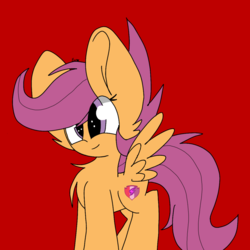 Size: 1024x1024 | Tagged: safe, artist:circuspaparazzi5678, scootaloo, pegasus, pony, g4, chest fluff, cute, cutealoo, cutie mark, female, filly, red background, simple background, smiling, the cmc's cutie marks