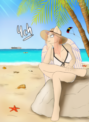 Size: 1920x2640 | Tagged: safe, artist:mintjuice, starfish, anthro, unguligrade anthro, advertisement, beach, bikini, clam, clothes, commission, hat, ocean, palm tree, parachute, sand, ship, sky, solo, stone, sunny day, surfboard, swimsuit, tree, water, your character here