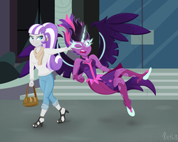Size: 2500x2000 | Tagged: safe, artist:xethshade, sci-twi, twilight sparkle, twilight velvet, equestria girls, g4, alternate scenario, canterlot high, clothes, duo, duo female, ear pull, equestria girls-ified, feet, female, funny, high res, midnight sparkle, mother and child, mother and daughter, mothers gonna mother, strict, this will end in grounding, unamused