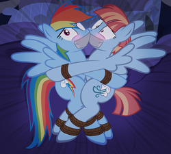 Size: 2222x2000 | Tagged: safe, artist:radiantrealm, rainbow dash, windy whistles, pegasus, pony, g4, bed, bedroom, blushing, bondage, bound together, dashsub, female, femsub, gag, high res, hug, jackpot, mare, mother and daughter, pillow, rope, rope bondage, show accurate, shrunken pupils, spread wings, submissive, tape gag, tied up, windysub, wingboner, wings