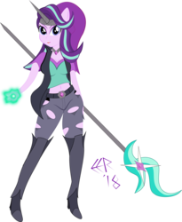 Size: 8261x10060 | Tagged: safe, artist:e-e-r, starlight glimmer, equestria girls, g4, absurd resolution, belly button, clothes, female, looking at you, magic, midriff, pants, ponied up, short shirt, simple background, solo, staff, transparent background