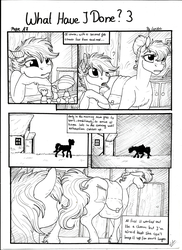 Size: 2550x3506 | Tagged: safe, artist:lupiarts, oc, oc only, oc:camilla curtain, oc:chess, oc:sally, pegasus, pony, comic:what have i done, black and white, comic, female, filly, foal, grayscale, high res, monochrome, sad, speech bubble, traditional art, workaholic