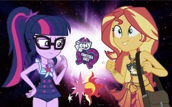 Size: 2048x1277 | Tagged: safe, editor:php77, sci-twi, sunset shimmer, twilight sparkle, equestria girls, g4, my little pony equestria girls: better together, clothes, female, lesbian, sarong, ship:sci-twishimmer, ship:sunsetsparkle, shipping, swimsuit