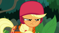 Size: 1280x720 | Tagged: safe, screencap, applejack, earth pony, pony, g4, non-compete clause, angry, applejack is not amused, female, helmet, mare, solo, unamused