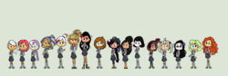 Size: 2656x896 | Tagged: safe, artist:obeliskgirljohanny, babs seed, oc, oc:annabelle, oc:ceviche, oc:diamond spoon, oc:gigi, oc:iris, oc:marigold, oc:riley anne, oc:sandollar, oc:silver tiara, oc:strawberry rose, oc:suzie meadowbreeze, oc:violetta, oc:yasmien, oc:zamika, human, hybrid, vampire, werewolf, g4, emo, filly guides, girl scout, girl scout uniform, glasses, humanized, native american, scout uniform, werewolf/vampire hybrid