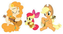 Size: 907x489 | Tagged: safe, apple bloom, applejack, pear butter, earth pony, pony, g4, guitar, mother and daughter, mother's day, simple background, white background