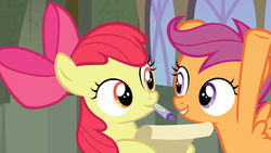 Size: 1920x1080 | Tagged: safe, screencap, apple bloom, scootaloo, earth pony, pony, g4, my little pony: friendship is magic, surf and/or turf, crayon, cute, duo, excited, female, filly, looking at each other, mouth hold, paper