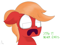 Size: 2423x1683 | Tagged: safe, artist:moonatik, oc, oc only, oc:moonatik, pony, glasses, greentext, hair bun, scared, signature, simple background, solo, text, transparent background, writing