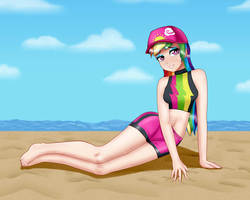 Size: 2000x1600 | Tagged: safe, artist:focusb, rainbow dash, human, equestria girls, g4, my little pony equestria girls: better together, beach, beach babe, feet, humanized, legs, looking at you, rainbow dash's beach shorts swimsuit, smiling, stupid sexy rainbow dash