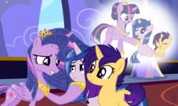 Size: 1280x765 | Tagged: safe, artist:bronybase, artist:flamango, artist:ilaria122, artist:j-j-bases, artist:velveagicsentryyt, twilight sparkle, oc, oc:shooting star (ilaria122), oc:velvet star, alicorn, pony, unicorn, g4, base used, crown, ethereal mane, female, filly, growing up, jewelry, mare, mother and daughter, mother's day, next generation, offspring, parent:flash sentry, parent:twilight sparkle, parents:flashlight, regalia, simple background, sisters, smiling, starry mane, twilight sparkle (alicorn), ultimate twilight