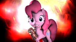 Size: 3840x2160 | Tagged: safe, artist:deviantxs, pinkie pie, earth pony, pony, g4, 3d, 4k, avengers: infinity war, female, grin, high res, infinity gauntlet, looking at you, smiling, solo, source filmmaker, thanos, wallpaper, we're all doomed, xk-class end-of-the-world scenario