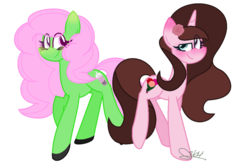Size: 1024x668 | Tagged: safe, artist:leanne264, oc, oc only, oc:bouquet, oc:bubble tea, earth pony, pony, unicorn, base used, female, mare, simple background, transparent background