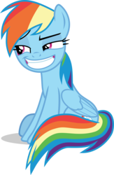 Size: 903x1381 | Tagged: safe, artist:frownfactory, rainbow dash, pegasus, pony, g4, non-compete clause, .svg available, female, grin, lidded eyes, mare, rainbow dash is best facemaker, simple background, sitting, smiling, smug, solo, svg, transparent background, vector, wings
