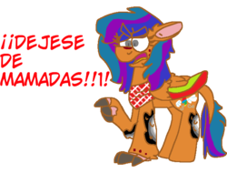 Size: 626x477 | Tagged: safe, artist:latiapainting, oc, oc only, oc:painting cincel, oc:watercolor cincel, pony, angry, bandana, big eyebrows, claws, female, floppy ears, glue, ink, mare, mother, mother's day, open mouth, pixel art, raised hoof, simple background, solo, spanish, transparent background