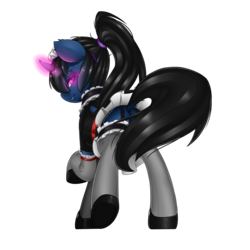 Size: 2000x2000 | Tagged: safe, artist:slimedrippy, oc, oc only, oc:procelle, pony, unicorn, clothes, female, french maid, garter belt, garters, glowing eyes, glowing horn, headdress, high res, horn, maid, pink eyes, ponytail, profile, shoes, simple background, skirt, skirt lift, solo, stockings, thigh highs, transparent background, uniform, upskirt