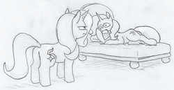 Size: 1045x543 | Tagged: safe, artist:t72b, derpibooru exclusive, starlight glimmer, trixie, pony, unicorn, g4, annoyed, bed, butt, draw me like one of your french girls, egophiliac-ish, eye contact, female, flower, inconvenient trixie, looking at each other, lying down, mare, monochrome, mouth hold, plot, rose, sketch, style emulation, traditional art, unamused, woonoggles