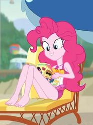 Size: 402x540 | Tagged: safe, screencap, feather bangs, pinkie pie, equestria girls, equestria girls series, friendship math, g4, barefoot, clothes, cropped, feet, female, geode of sugar bombs, magazine, magical geodes, pinkie pie swimsuit, smiling, solo, swimsuit