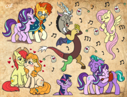 Size: 1024x787 | Tagged: safe, artist:cartoonsilverfox, bright mac, discord, firelight, fluttershy, pear butter, starlight glimmer, sunburst, twilight sparkle, alicorn, draconequus, earth pony, pegasus, pony, unicorn, discordant harmony, g4, the parent map, the perfect pear, female, ginseng teabags, hug, male, music notes, ship:brightbutter, shipping, singing, sketch, sketch dump, stallion, straight, twilight sparkle (alicorn)