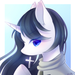 Size: 1800x1800 | Tagged: safe, artist:leafywind, oc, oc only, pony, unicorn, abstract background, bust, clothes, cross, female, mare, portrait, solo