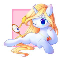 Size: 2500x2500 | Tagged: safe, artist:leafywind, oc, oc only, oc:crystal summer, pony, unicorn, abstract background, female, hairbrush, high res, jewelry, magic, mare, mirror, necklace, one eye closed, prone, reflection, simple background, solo, telekinesis, transparent background, wink