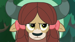 Size: 1280x720 | Tagged: safe, screencap, yona, pony, yak, g4, non-compete clause, dat face, female, reaction image, solo, unamused, yona is not amused