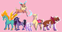 Size: 4371x2273 | Tagged: safe, artist:tuherrus, arizona (tfh), oleander (tfh), paprika (tfh), pom (tfh), tianhuo (tfh), velvet (tfh), alpaca, classical unicorn, cow, deer, lamb, longma, pony, reindeer, sheep, unicorn, them's fightin' herds, cloven hooves, community related, fightin' six, high res, horn, leonine tail, semi-realistic, unshorn fetlocks