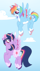 Size: 1700x3019 | Tagged: safe, artist:solareflares, rainbow dash, twilight sparkle, alicorn, pegasus, pony, g4, backwards cutie mark, chest fluff, cloud, colored wings, ear fluff, female, flying, horn, lesbian, looking at each other, looking down, looking up, makeup, multicolored horn, multicolored wings, redesign, ship:twidash, shipping, short tail, smiling, twilight sparkle (alicorn), unshorn fetlocks