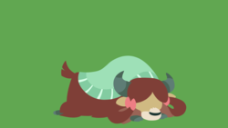 Size: 3840x2160 | Tagged: safe, artist:toastybrownpotatoes, yona, yak, non-compete clause, 4k, bow, cloven hooves, cute, female, field tripping, green background, hair bow, high res, lineless, lying down, minimalist, modern art, prone, simple background, solo, sploot, vector, wallpaper, yonadorable