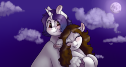 Size: 900x481 | Tagged: safe, artist:69beas, oc, oc only, oc:mille, earth pony, pony, unicorn, floppy ears, full moon, mare in the moon, moon, smiling