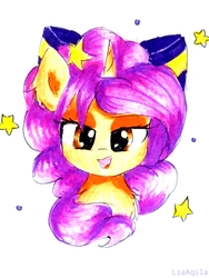 Size: 1577x2102 | Tagged: safe, artist:liaaqila, oc, oc only, oc:starlena, pony, unicorn, bow, female, hair bow, looking at you, mare, simple background, smiling, solo, traditional art, white background