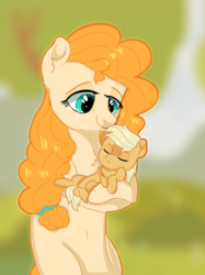 Size: 1122x1500 | Tagged: safe, artist:chroniqlo, applejack, pear butter, earth pony, pony, g4, baby, babyjack, crying, cute, eyes closed, female, foal, freckles, happy, jackabetes, mother and daughter, pearabetes, ponytail, tears of joy, younger