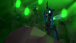 Size: 1920x1080 | Tagged: safe, artist:d0ntst0pme, queen chrysalis, changeling, changeling queen, g4, 3d, cocoon, crown, female, flying, gmod, hive, jewelry, not sfm, regalia, snarling, standing