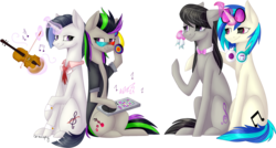 Size: 1796x966 | Tagged: safe, artist:sychia, dj pon-3, octavia melody, vinyl scratch, oc, oc:nuance harmoney, oc:sawtooth vibe, earth pony, pony, unicorn, icey-verse, g4, bow, bowtie, clothes, crying, cute, family, female, glasses, glowing horn, headphones, horn, hug, jacket, keyboard, lesbian, looking at each other, magical lesbian spawn, mare, mother and daughter, musical instrument, next generation, offspring, parent:octavia melody, parent:vinyl scratch, parents:scratchtavia, ship:scratchtavia, shipping, simple background, sisters, sunglasses, tears of joy, tissue, transparent background, violin