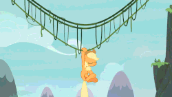 Size: 768x432 | Tagged: safe, screencap, applejack, pony, g4, non-compete clause, season 8, animated, applejack's hat, cowboy hat, female, hat, rope bridge, scared, solo