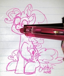 Size: 1615x1907 | Tagged: safe, artist:binkyt11, derpibooru exclusive, pinkie pie, earth pony, pony, g4, abuse, eraser, erasing, female, i have no mouth and i must scream, lined paper, pen, pen drawing, pinkiebuse, sad, solo, traditional art
