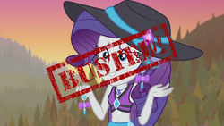 Size: 1280x720 | Tagged: safe, edit, rarity, equestria girls, equestria girls series, g4, lost and found, bikini, caught, clothes, ear piercing, earring, female, geode of shielding, jewelry, piercing, rarity's blue sarong, rarity's purple bikini, sarong, solo, stamp, swimsuit