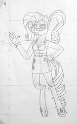 Size: 1098x1763 | Tagged: safe, artist:supra80, rarity, unicorn, anthro, unguligrade anthro, g4, belt, clothes, female, glasses, glasses rarity, high heels, ponytail, shoes, side slit, skirt, solo, traditional art