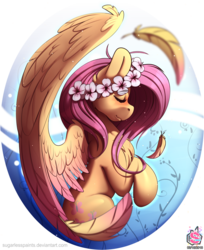 Size: 1679x2058 | Tagged: safe, artist:sugarlesspaints, fluttershy, pegasus, pony, g4, blushing, chest fluff, eyes closed, feather, female, floral head wreath, flower, mare, profile, simple background, smiling, solo, spread wings, transparent background, wings