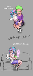 Size: 1748x3981 | Tagged: safe, artist:franschesco, princess flurry heart, spike, human, g4, clothes, couch, cute, duo, duo male and female, female, flurrybetes, flurryspike, glowing hands, horn, horned humanization, human spike, humanized, magic, magic circle, male, older, older flurry heart, shipping, size difference, spikabetes, straight, tank top, uncle and niece, uncle spike, winged humanization, wings