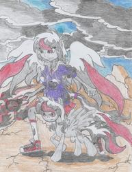 Size: 1650x2136 | Tagged: safe, artist:nephilim rider, oc, oc:heaven lost, alicorn, human, pony, equestria girls, g4, alicorn oc, converse, female, human ponidox, mare, nephilim, self ponidox, shoes, traditional art, weapon