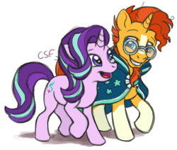 Size: 817x693 | Tagged: dead source, safe, artist:cartoonsilverfox, starlight glimmer, sunburst, pony, unicorn, g4, clothes, cute, female, glasses, glimmerbetes, looking at each other, male, mare, robe, smiling, stallion, sunbetes, sunburst's cloak