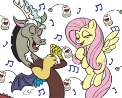 Size: 881x707 | Tagged: safe, artist:cartoonsilverfox, discord, fluttershy, pony, discordant harmony, g4, eyes closed, ginseng teabags, laughing, open mouth, singing