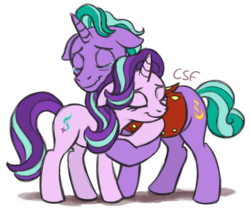 Size: 776x651 | Tagged: safe, artist:cartoonsilverfox, firelight, starlight glimmer, pony, unicorn, g4, the parent map, crying, duo, eyes closed, father and daughter, female, hug, male, mare, smiling, stallion, teary eyes