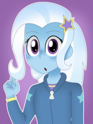 Size: 2048x2732 | Tagged: safe, artist:komasantaffy, trixie, equestria girls, g4, blushing, clothes, cute, diatrixes, female, high res, looking at you, purple background, simple background, solo
